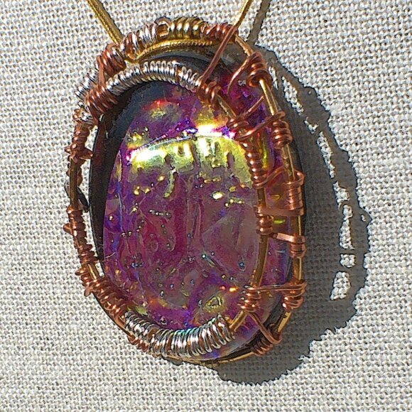 Jewelry - Necklace, pendant with chain copper and brass, silver wire. on resin